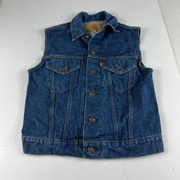 VTG 80s Levis Denim Vest Women Small Dark Blue Sleeveless Jean Jacket Orange Tab - Picture 1 of 10